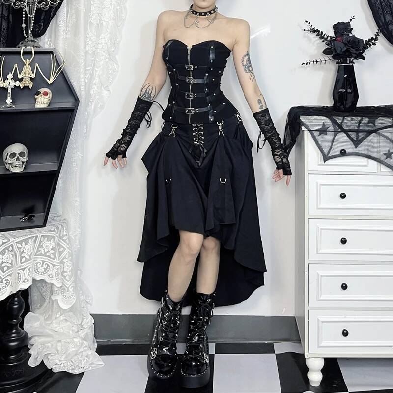 Goth Streetwear Gothic Skirt Women Haruku Emo Alternative Grunge High Waist Bandage A-line Skirts Y2k E-girl Indie Clothes dongdumaoyi