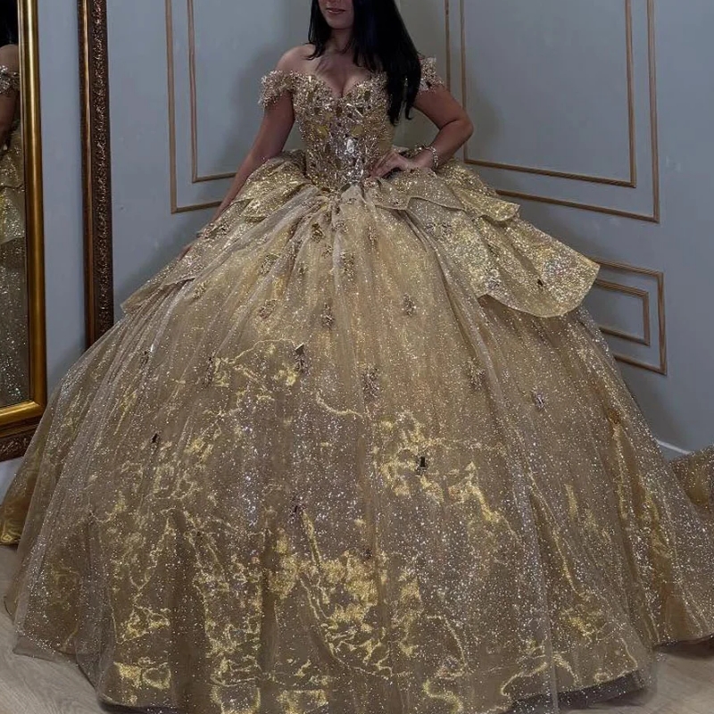 Gold Shiny Off The Shoulder Quinceanera Dresses Ball Gown Beading Crystal Bow Party Birthday Sweet 16 Dress Vestidos De 15 Anos