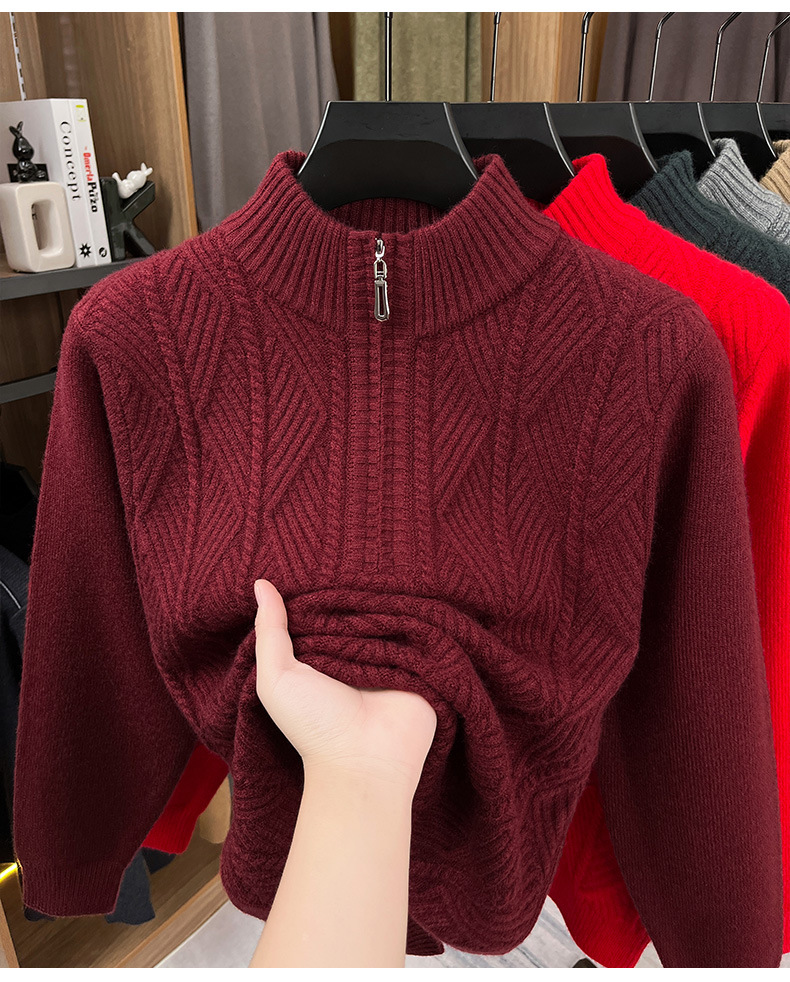Men's Mid-Age & Young Adult Half-Zip Sweater - Winter Thickened, Warm, Business-Casual Pullover Base Layer Knitwear