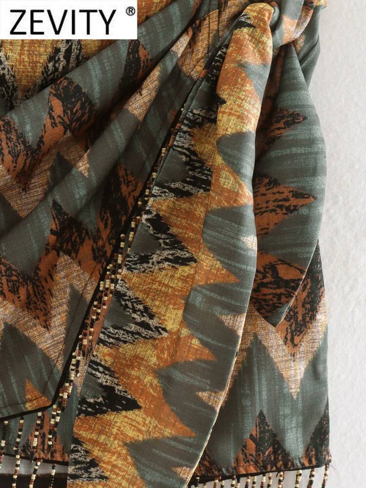 Zevity Women Vintage Geometric Print Knotted Mini Sarong Skirt Faldas Mujer Female Beading Tassel Casual Zipper Vestidos QUN1436 dongdumaoyi