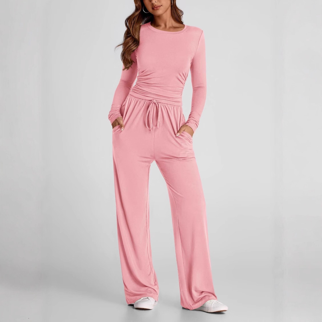 2025 European and American autumn and winter new long sleeved solid color casual top set, autumn and design winter new designer knitted clothing