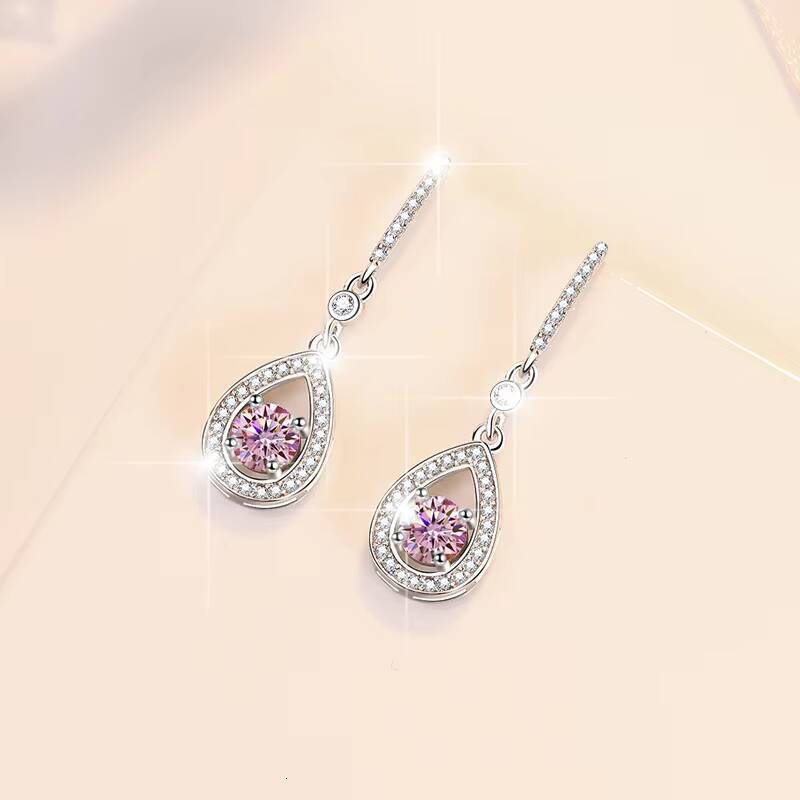 Fine Jewel New Design Round Shape S925 Silver Test Drill Pen 1205Ct Blue Pink Color Moissanite Dangle Earrings