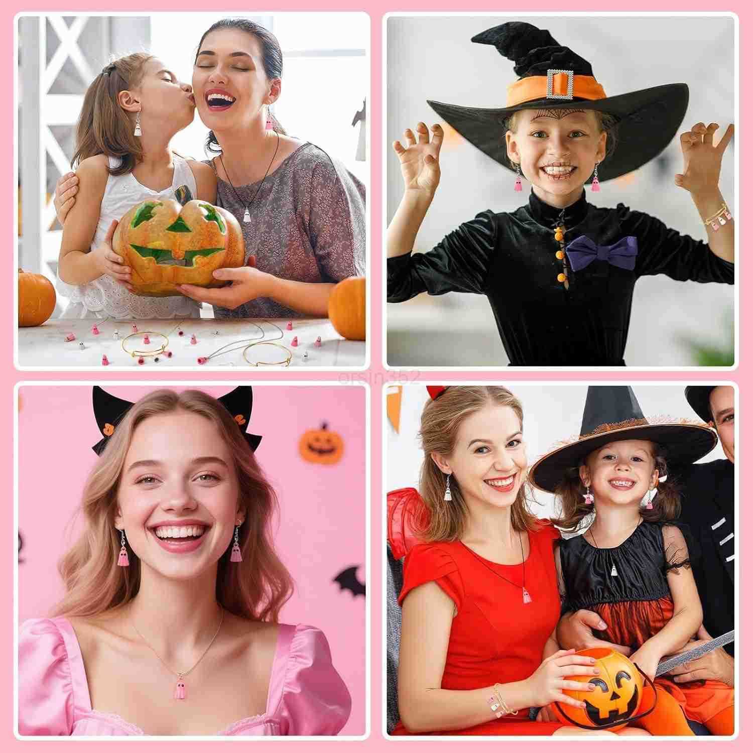 60Pcs Halloween Charms Halloween Ghost Charms for Jewelry Making Pink White Ghost Bangle Charm Pendants for Necklace Earrings Making DIY CraftsW250911