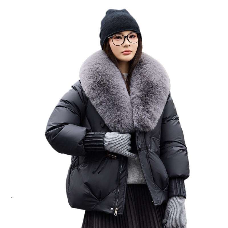 Phoenix Down for Women Winter New Large Fur Collar Short Puffer Jacket Loose Cotton Coat Outerwear