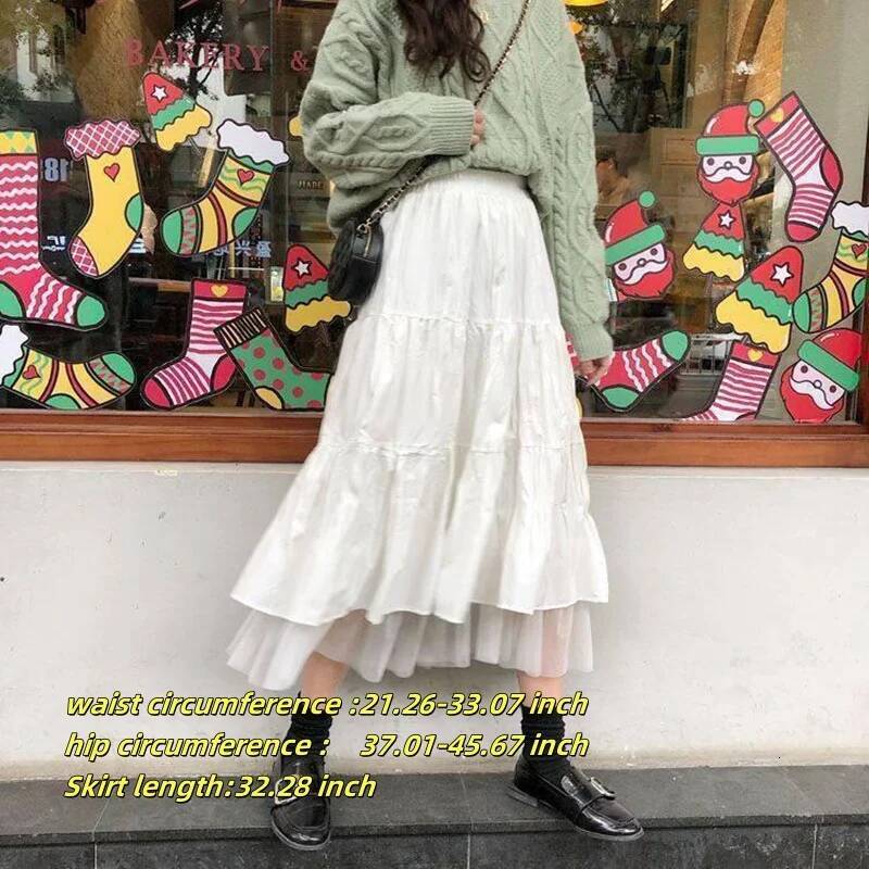 Casual Vintage Women Matching Chic Lady's White Sweet Girl's Cake Elastic Waist A-Line Mid Length Flare Skirt dongdumaoyi