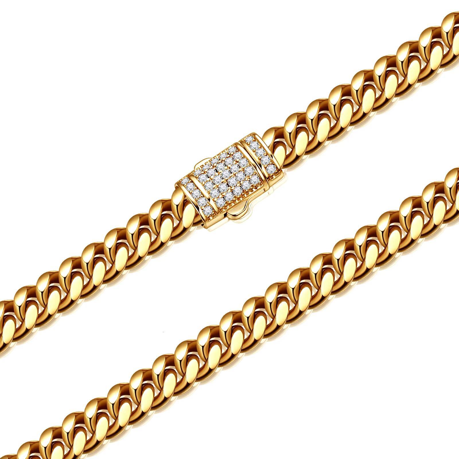 New 614mm Width 18K Gold Plated Stainless Steel Iced Out Zircon Clasp Cuban Chain Custom Design Miami Cuban Link Chain Necklace
