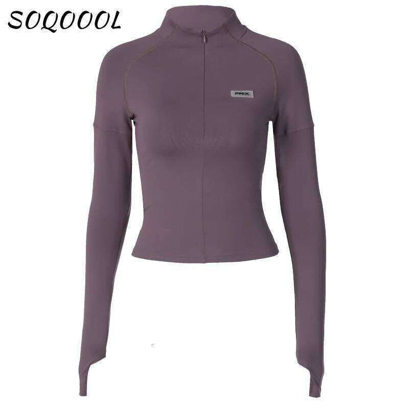 Y2k Long Sleeve T Shirt Women Stand Collar Zip Crop Tops Pullover Causal Basic Skinny Tees Streetwear Sexy Female Clothes
