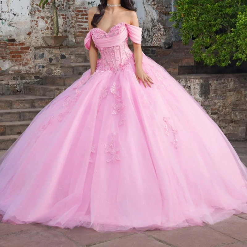 Pink Quinceanera Dresses Ball Gown Off The Shoulder Applique Lace Beads Bow Tull Sweet 16 Dress Vestidos 15 De Anos