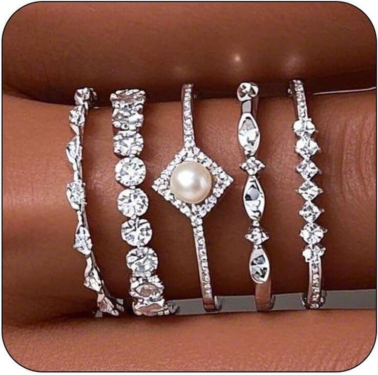 Stackable for Non Tarnish, Dainty Sterling Sier Dia Pearl Rings Set Thumb Fashion Thin Cubic Zirconia Simple Unique Statement Ring Pack Women Jewlery 