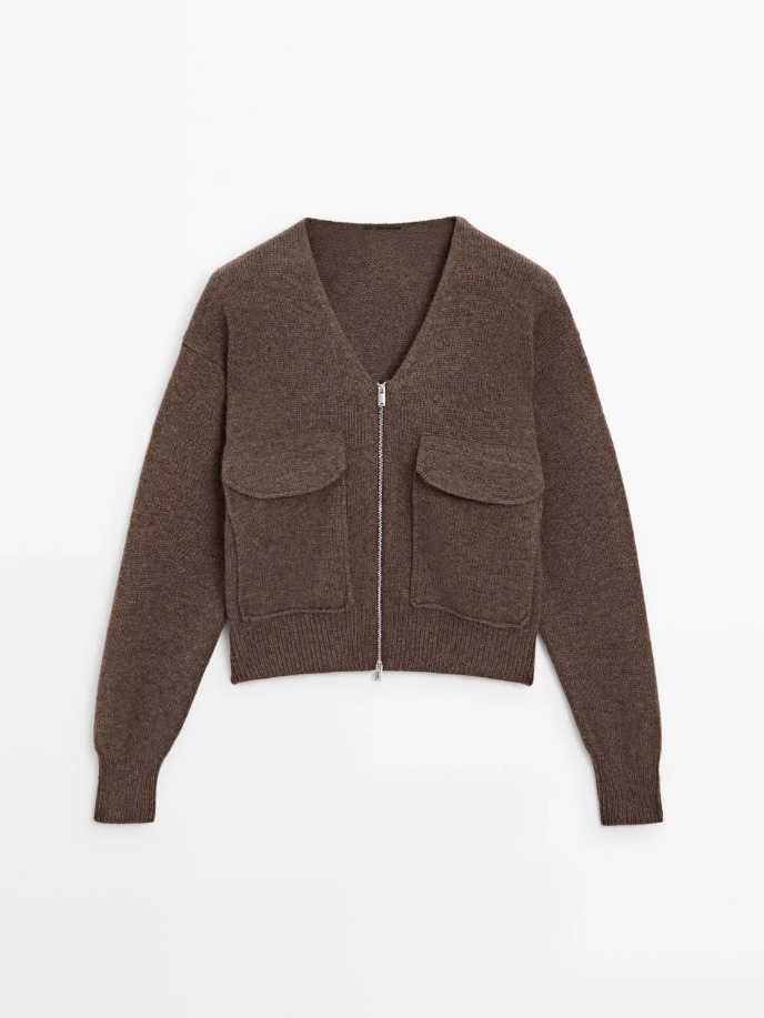 Elevated Knitwear 2025 massidutti autumn new style of Women's casual Laid-back brown V-neck wool blend zipper knitted cardigan jacket