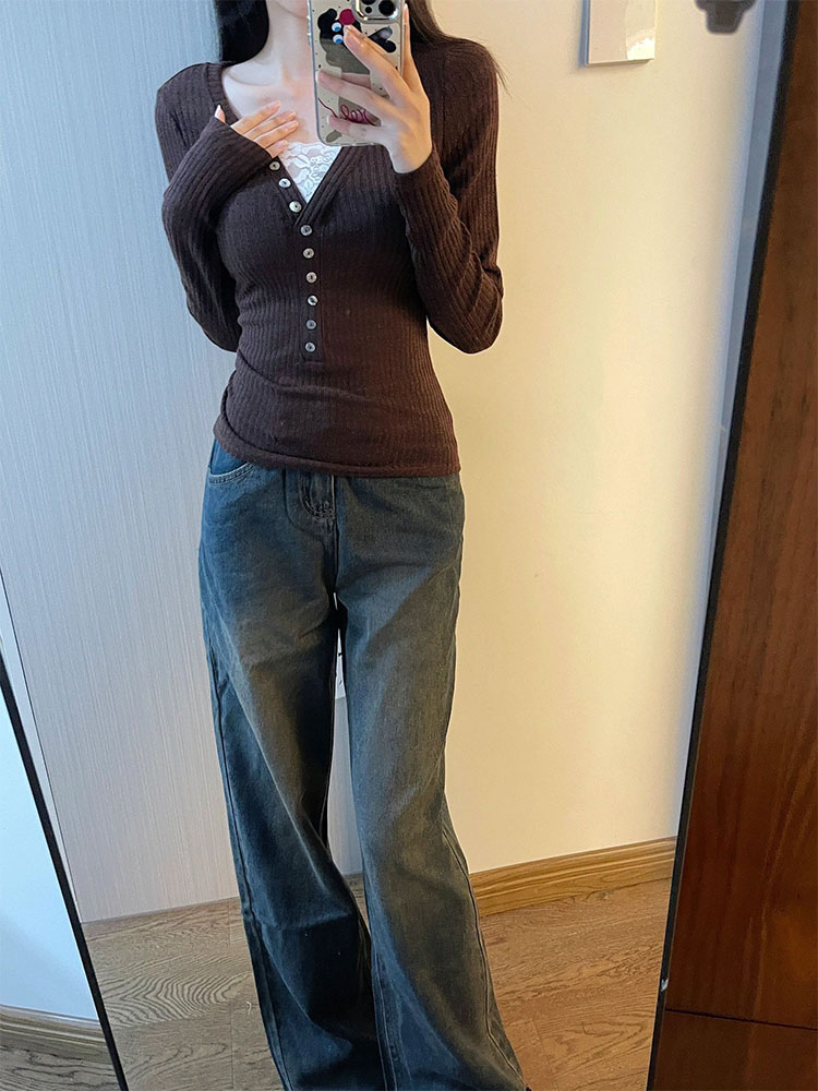 Elevated Vintage Sweater Slim Maillard Brown Pullover Gyaru Autumn Winter Gray Simple V-Neck Knitwear Jumper Casual Thick Warm