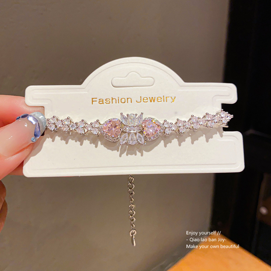 Silver - Toned Bracelet With Pink Heart - Shaped Crystals, Sparkly Clear Crystal Accents Delicate Daily & Elegant Jewelry Gift For Her High - Quality 