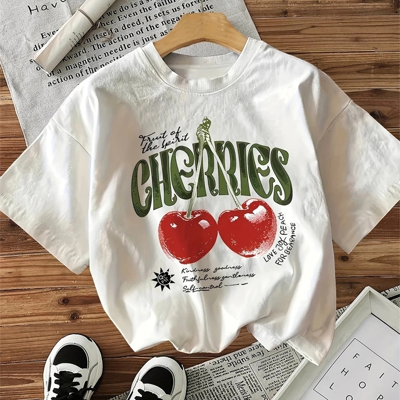 Women Cherry TShirt with Heart Cherries Graphic Print ONeck Tops T Shirt Short Sleeve Clothing Female Casual Kawaii Clothes y250910