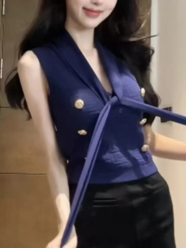 Sexy Sleeveless V Neck Woman Tops Fashion Solid Knitted Sweater Vests Women Elegant Office Lady Slim Fit Clothes with Buttons 250911