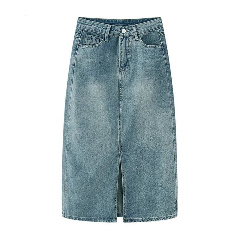 Summer New High-waist Slit Denim For Women Washed Retro A- line Hip-covering Straight Long Skirt dongdumaoyi