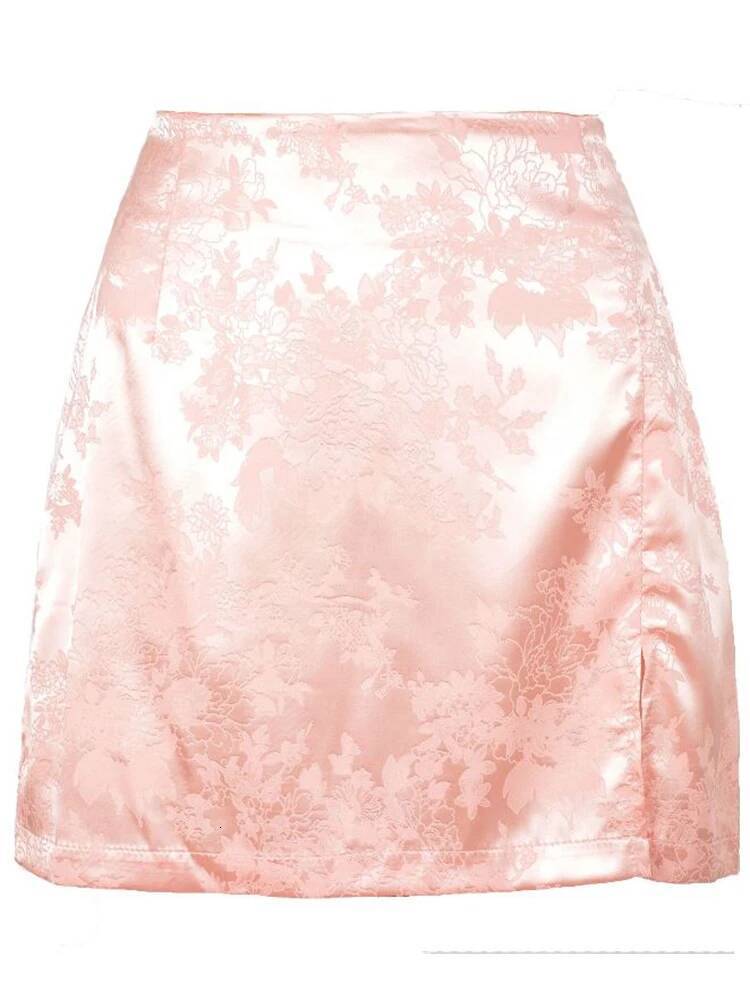 Women Summer Elegant Jacquard Satin Short Sexy Waist Split Mini Vintage Zipper Skirt High Street dongdumaoyi