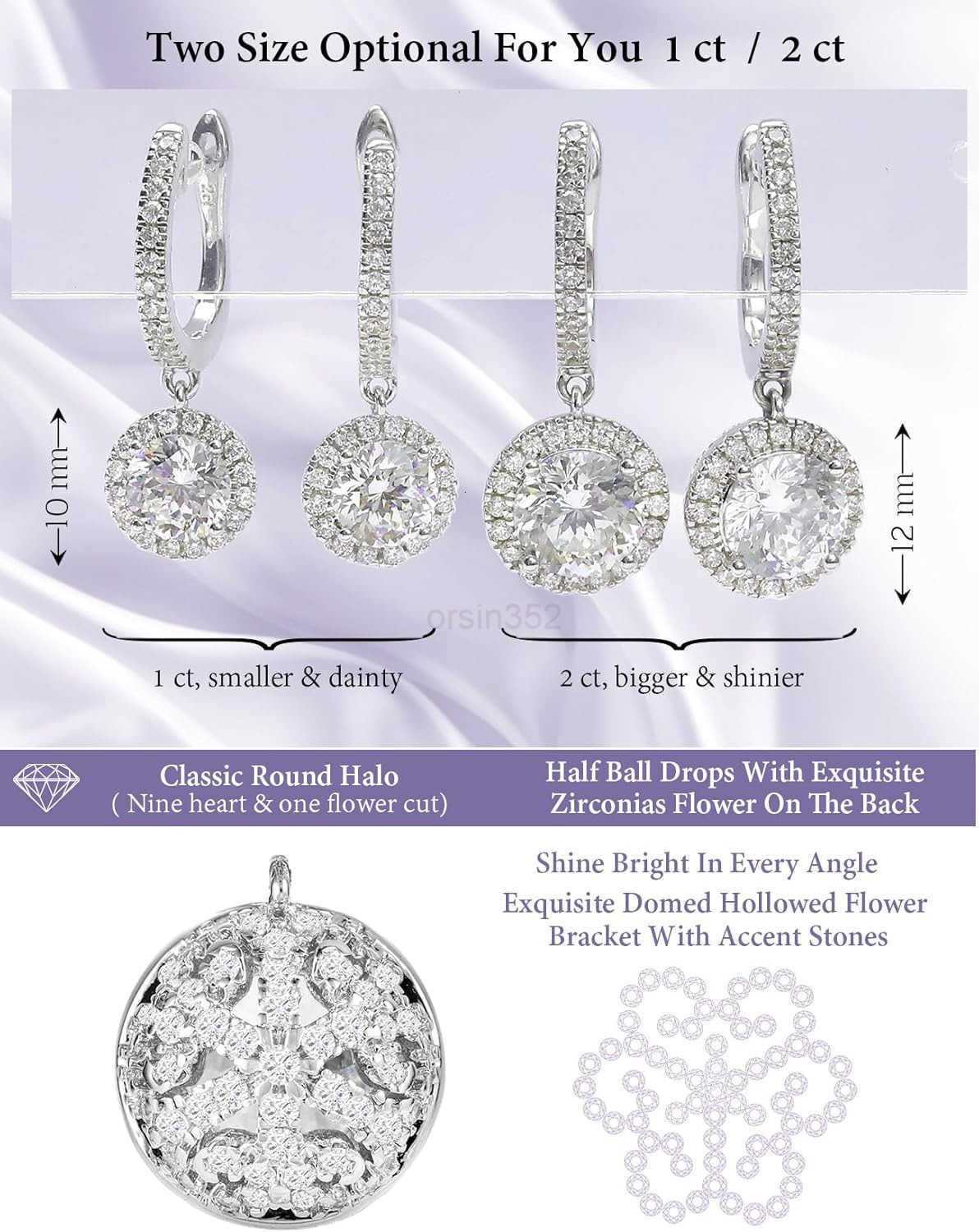 Round Cubic Zirconia Dangle Earrings for Women in White Gold Plated Cz Halo Design and Half Ball Ear Drops with Paved Simulated Diamond Lever Back and