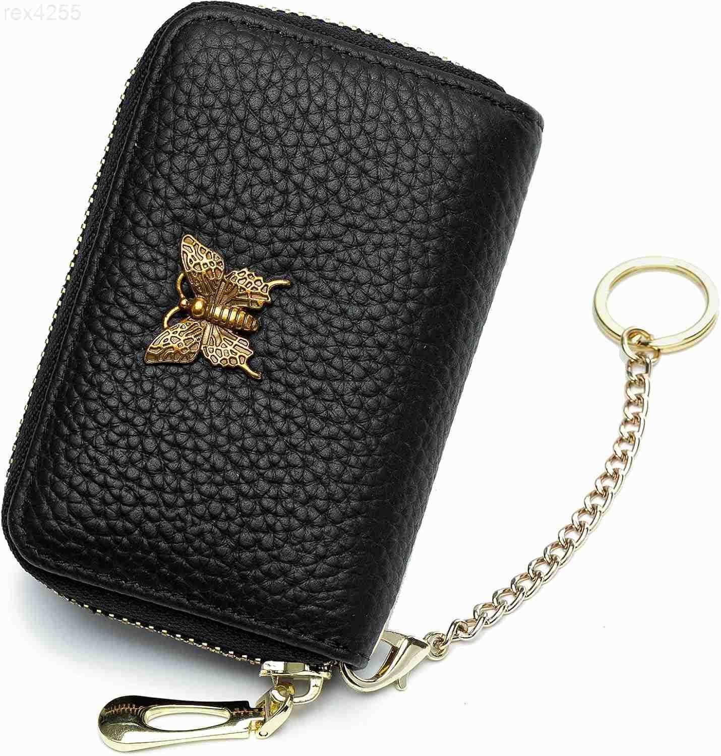 RFID Credit Card Holder for Women Genuine Leather Card Case Wallet with Zipper and Removable Keychain BlackW250911