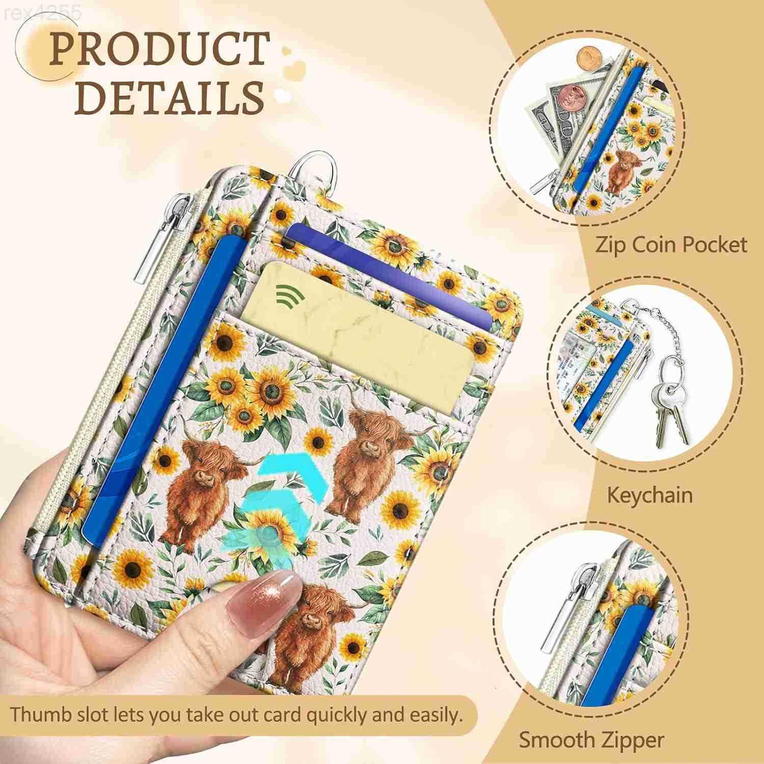 Cow Sunflower Credit Card Holder Small Wallet Women Slim RFID Blocking Wallet Woman Keychain with Zipper Coin Pocket Front Pocket Thin Travel Card Cas