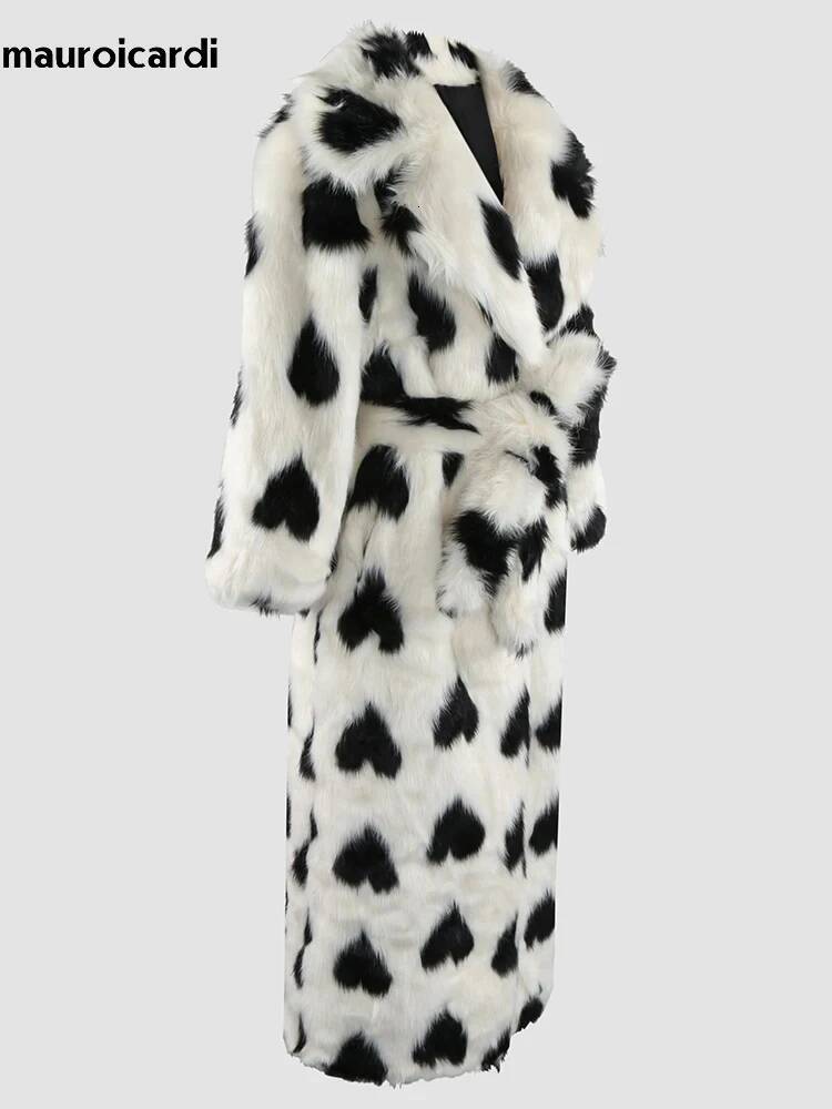 Mauroicardi Autumn Winter Extra Long Thick Warm Colorful Heart Printed Faux Fur Coat Women Sashes Stylish Furry Overcoat