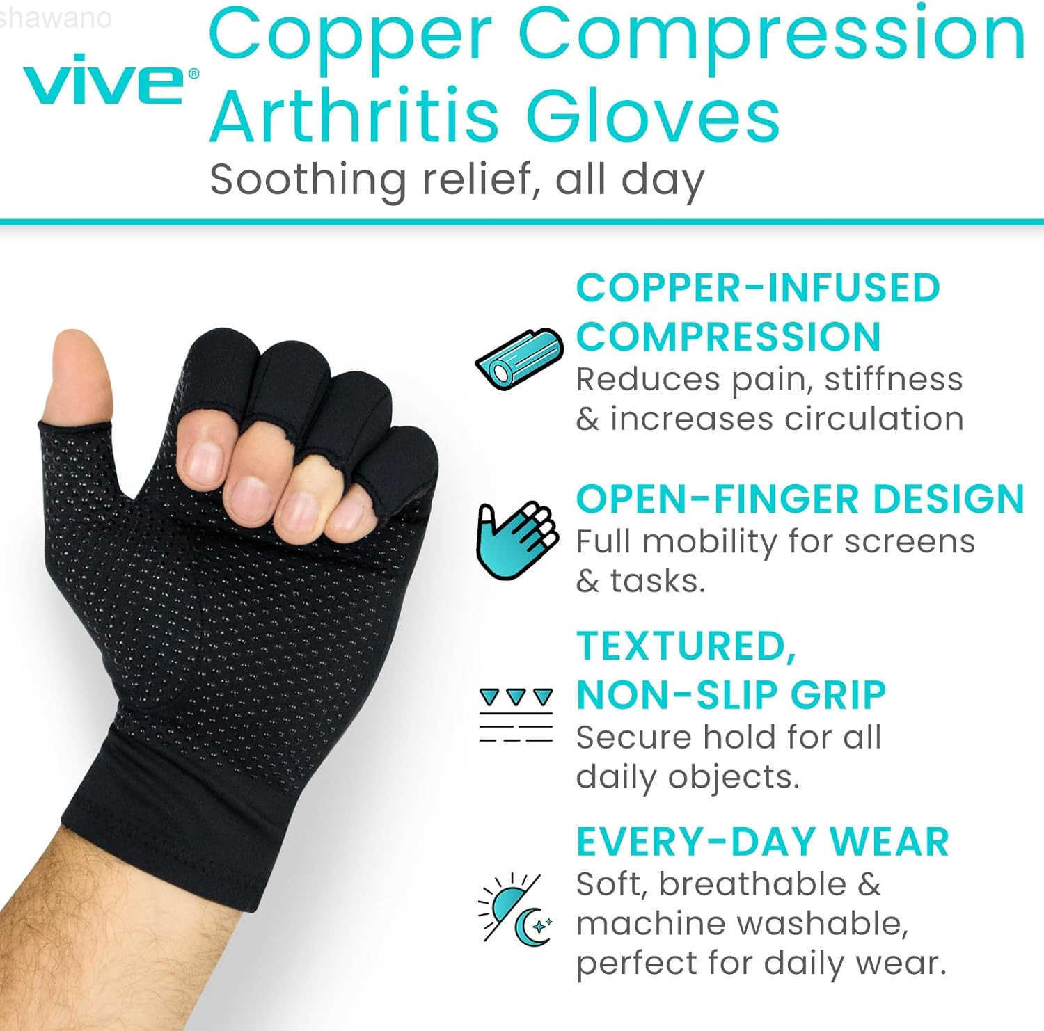 Copper Infused Fingerless Arthritis Compression Gloves Pair Relief for Men Women Rheumatoid Swelling Carpal Tunnel Tendonitis Edema Hand Finger Pain C