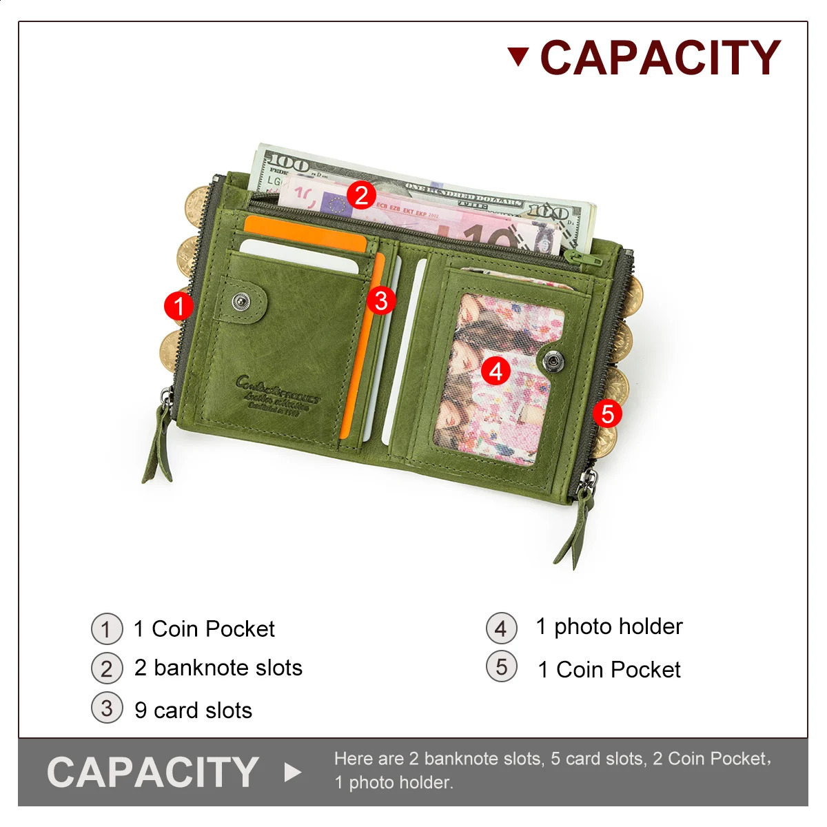 Contacts Womens Leather Wallet Small Bifold Compact Credit Card Case Purse for Ladies with Zipper Pocket Genuine Leather Wallet250906