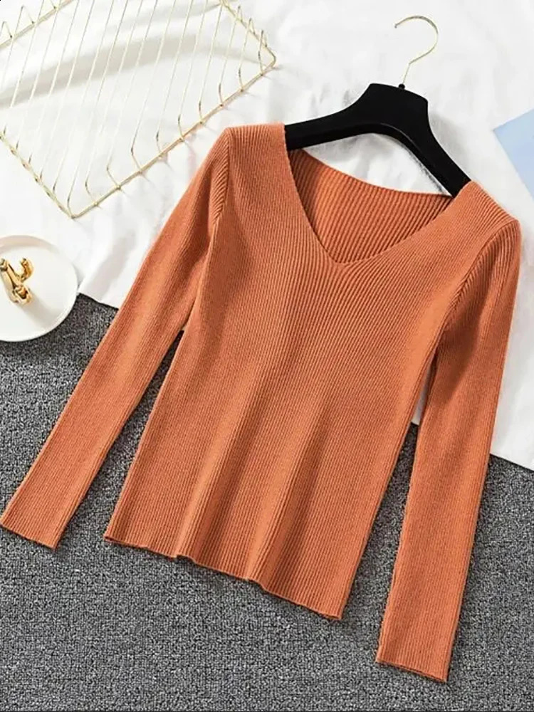 Women Sweater Autumn Knitwears Winter Long Sleeve Pullover Basic Top Fashion Vneck Elastic Female Solid Knitted Jumper 250911