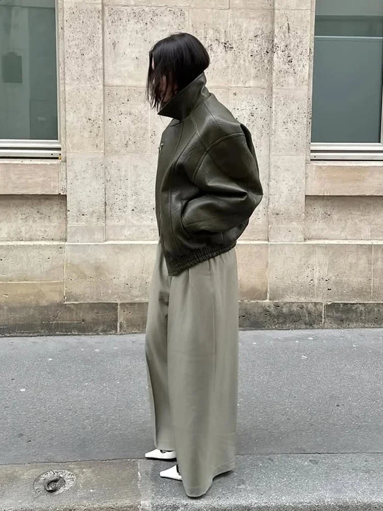 Women Army Green Leather Jacket Lady Lapel Coller Long Sleeve Zipper Loose Fashion Coat Autumn Outerwear Daily Street Coats 250911