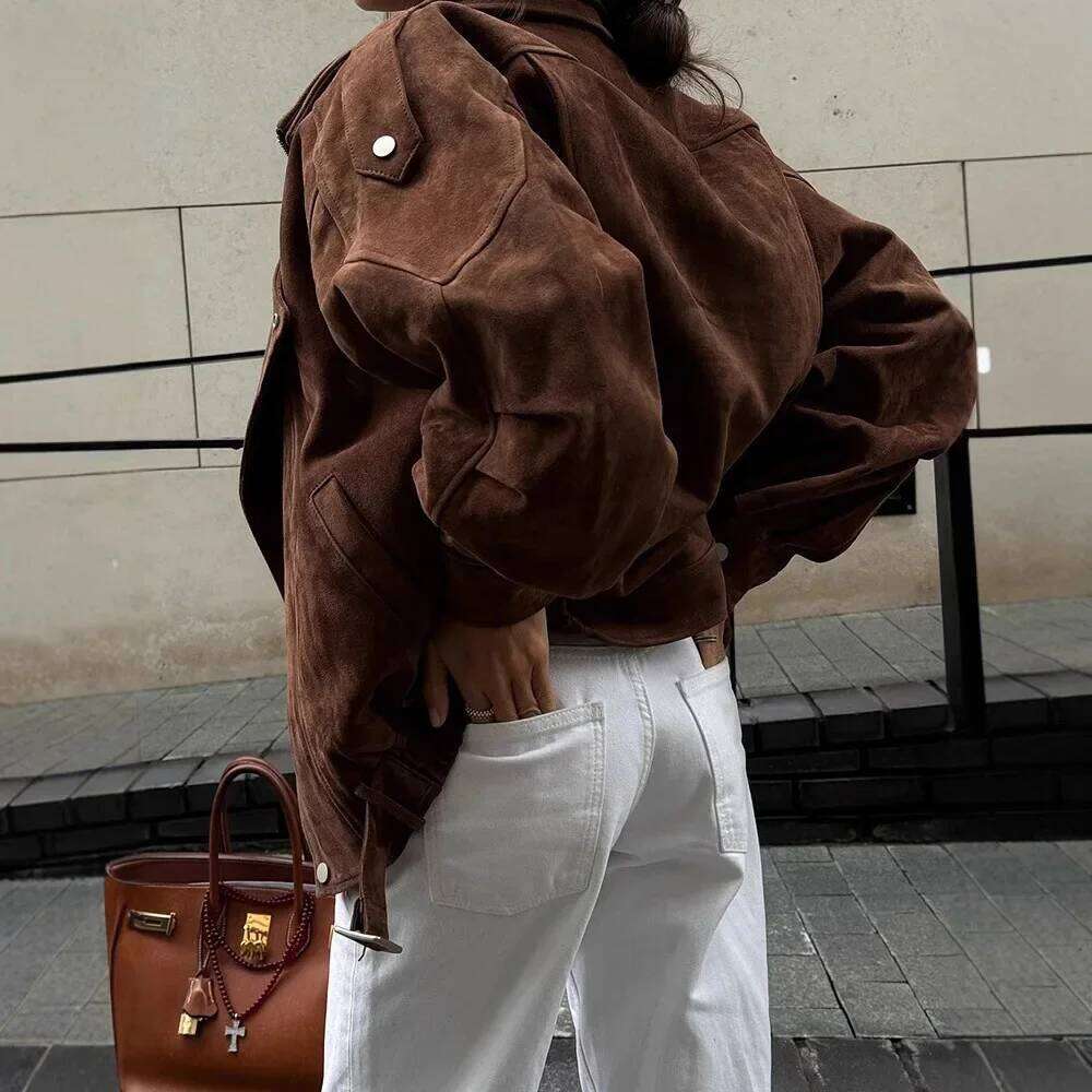 Fashionable Brown Short Loose Women's Jacket Casual Retro Mermaid Style Outerwear Popular Cross-Border Sale In