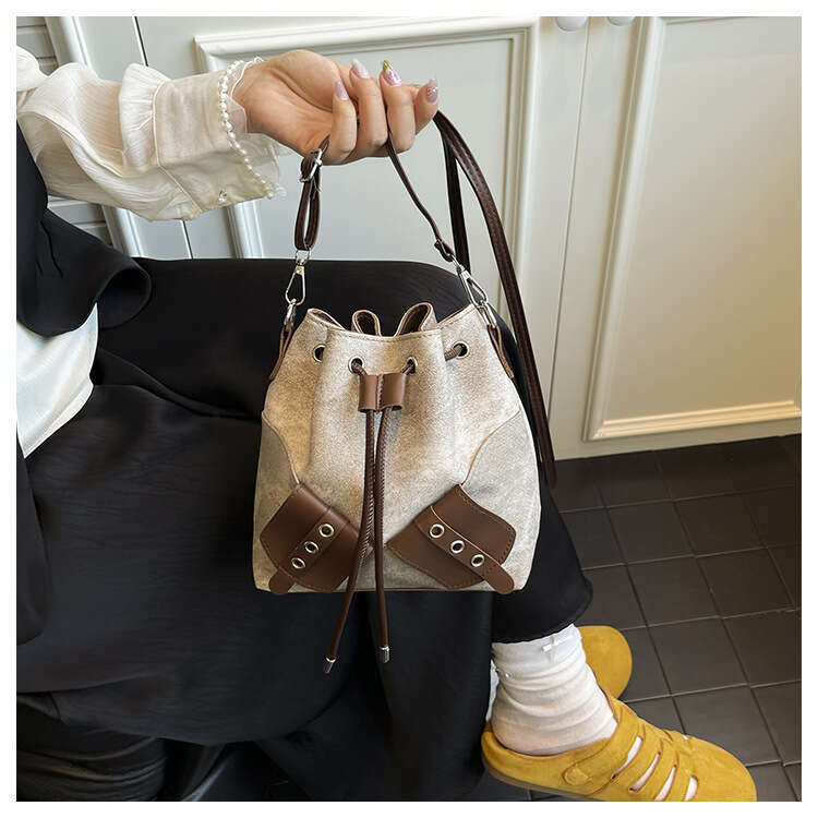 Personalized Simple Crossbody Bucket for Women 2025 Autumn New Korean Style Bowknot Fashion Designer Bags Drawstring Patchwork Shoulder Bag