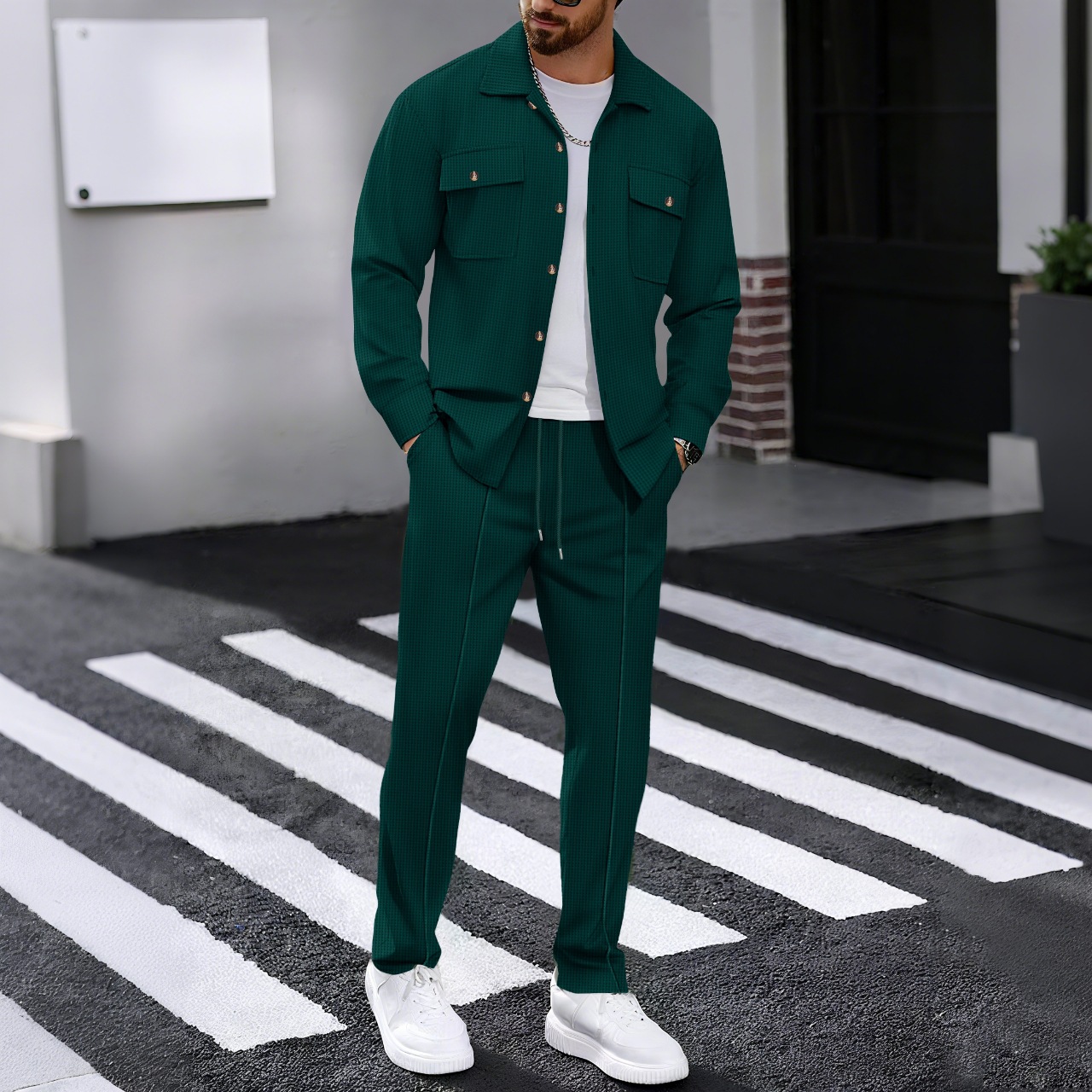 Summer Sexy men Sets Elegant Zipper Tops Sashes Button PockeTwo Piece Set