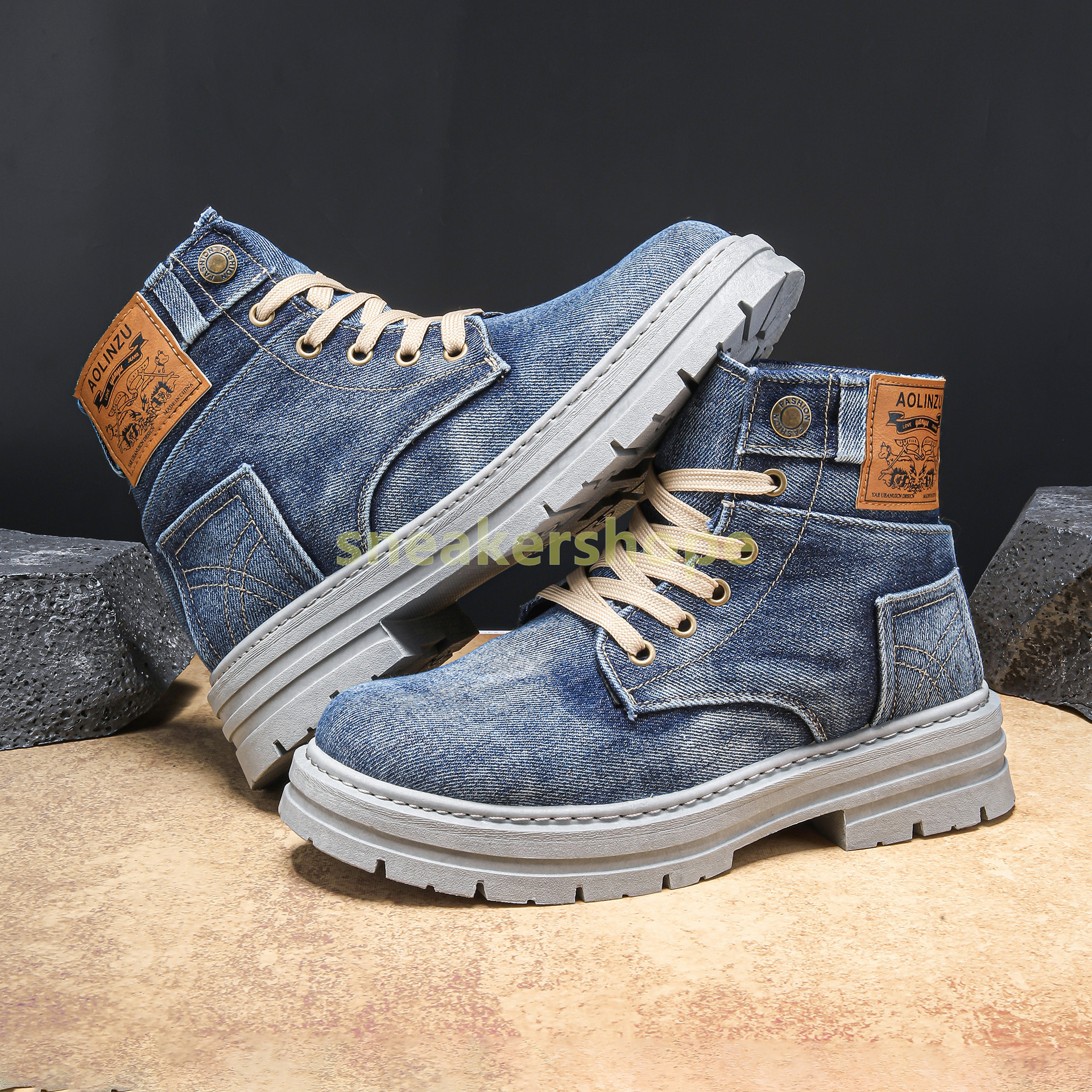 designer boots denim high-top martin boot black blue trendy style durable non-slip soles casual outdoor hiking mens boots size 39-48