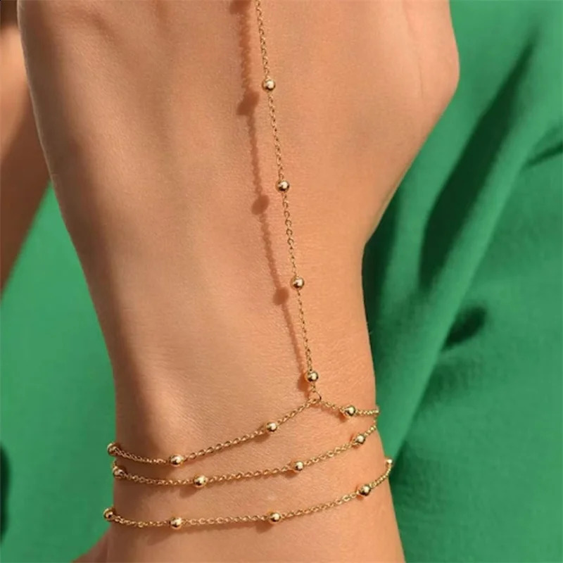 Minimalist Thin Chain Connected Finger Ring Bracelets for Women Multilayer Vintage Ball Beads Link Bangles Party Elegant Jewelry 250910