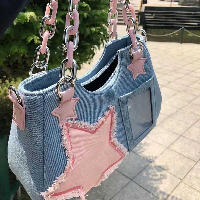 Korean Fashion Shoulder Underarm Harajuku Star Tote Denim Bag Chain Ladies Bags Zip Purses Handbags Women 2024 Luxury Square Bag W250911