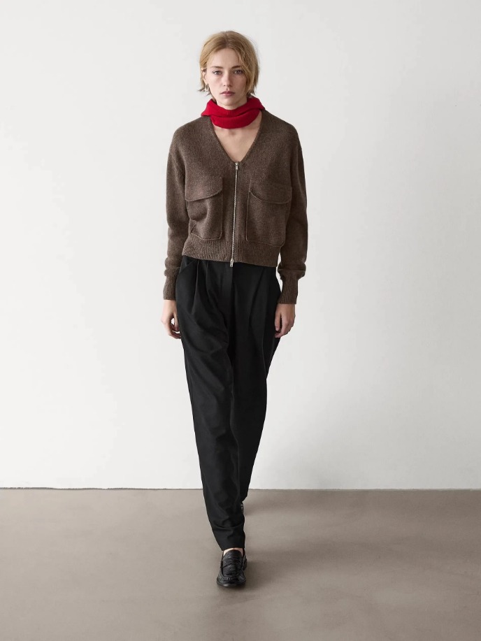 Elevated Knitwear 2025 massidutti autumn new style of Women's casual Laid-back brown V-neck wool blend zipper knitted cardigan jacket