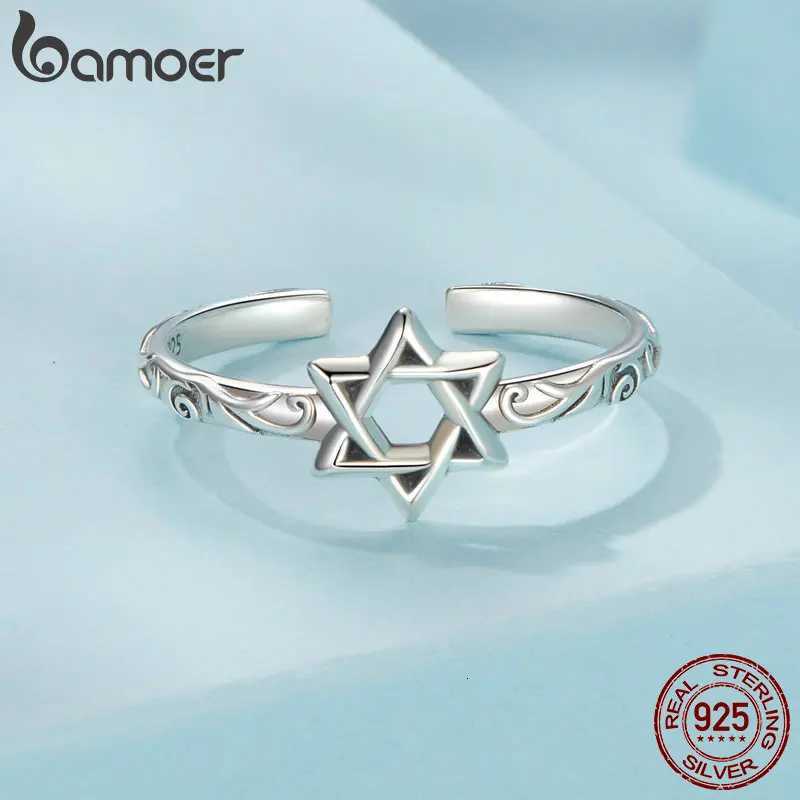 BAMOER 925 Sterling Silver Star of David Adjustable Ring Religous Retro Pattern Jewelry Christmas Birthday Gift for Women W250911