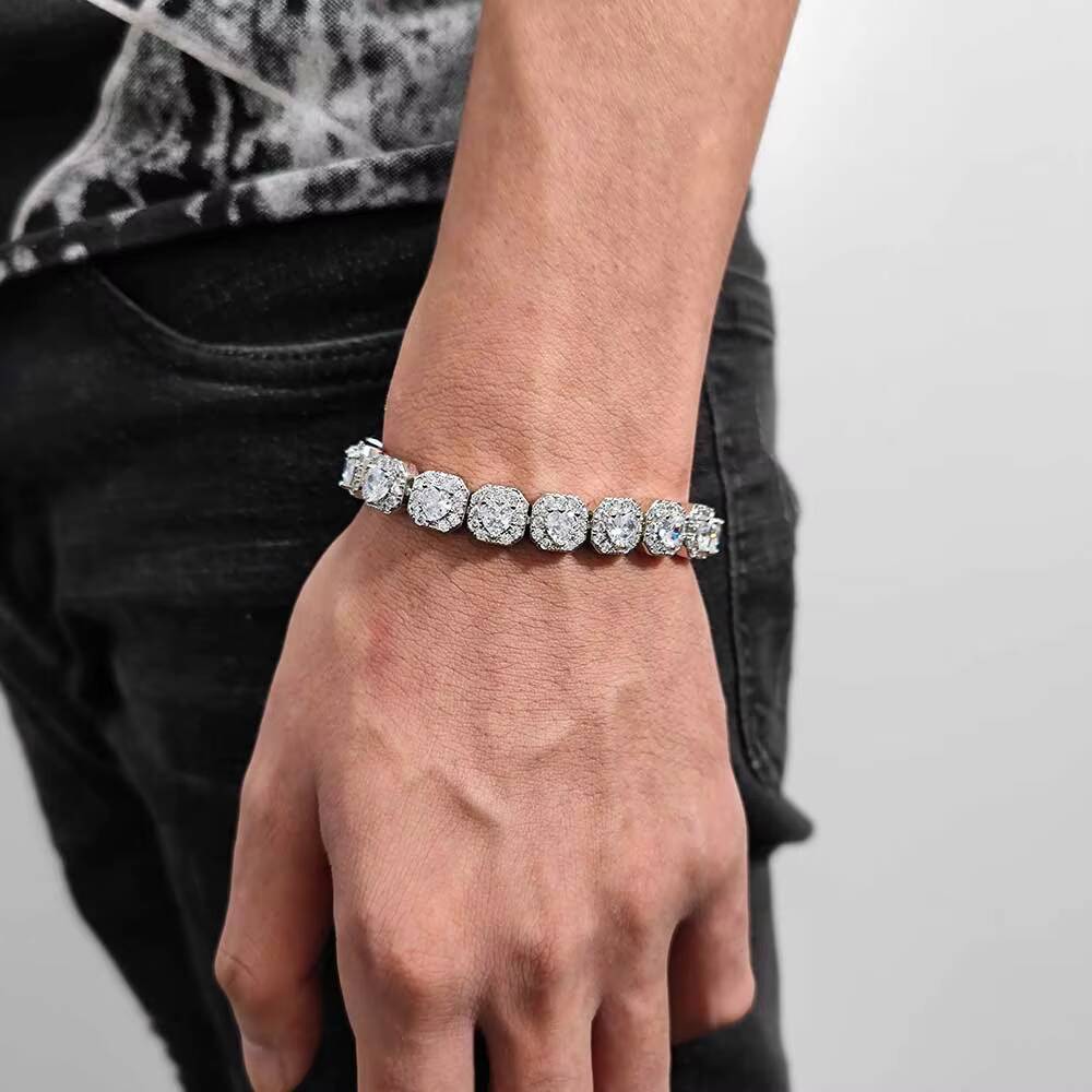NUOYA High Quality 10mm Iced Out Heart Shape CZ Diamond Chain Jewelry for Women 18k Gold Plated Cluster Tennis Bracelet