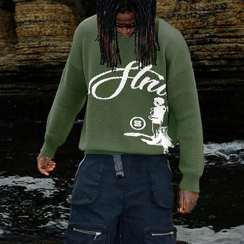 Punk mens casual fashion street knitted sweater retro 2000s letter cartoon character hiphop pattern pullover Y2K style 250911