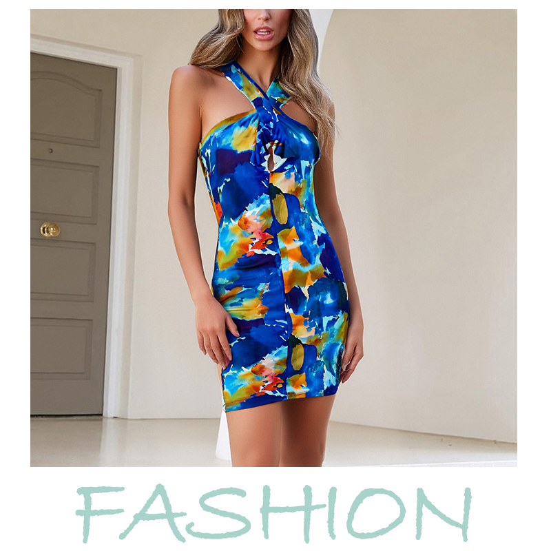 Women's Sleeveless Halter Neck Bodycon Mini Dress with Colorful Abstract Print