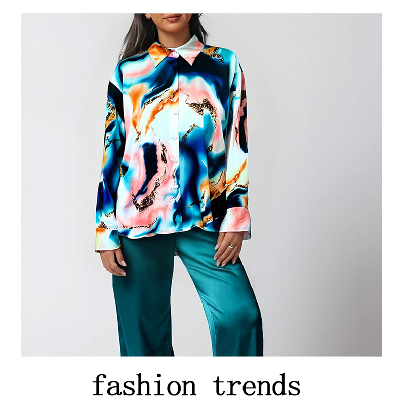 Women's Sleep & Lounge Women's Silk - like Pajama Set with Colorful Abstract Print - Long Sleeve Shirt and Wide - leg Pants