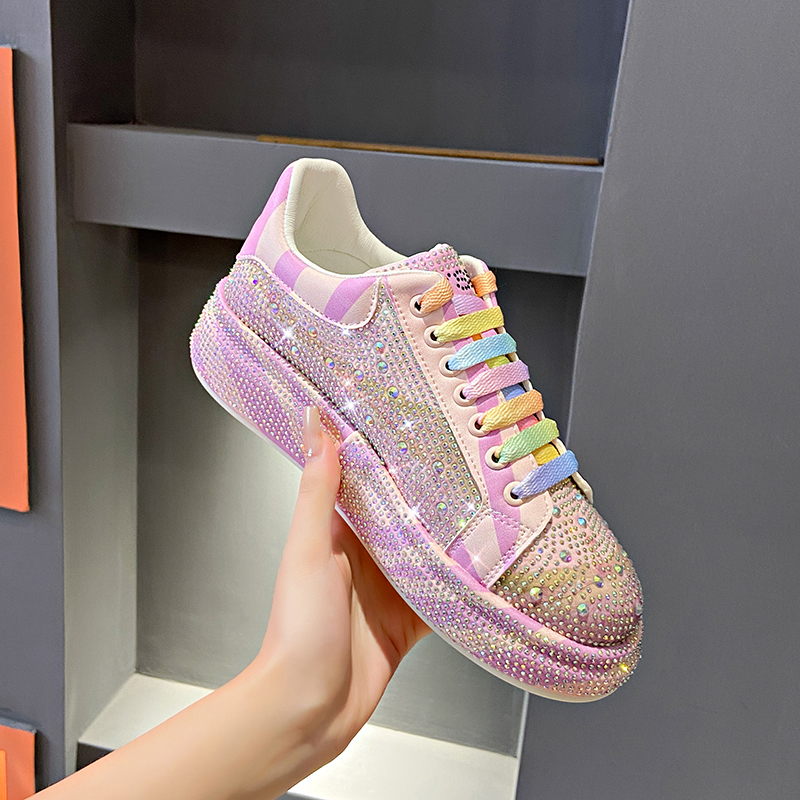 Luxury Leather Shoes Fashion Platform Shoes Platforms Designer Sneakers Tide Shine Bling Rhinestone Shoes Casual Shoes Lace Up Flat Sneakers Zapatos D