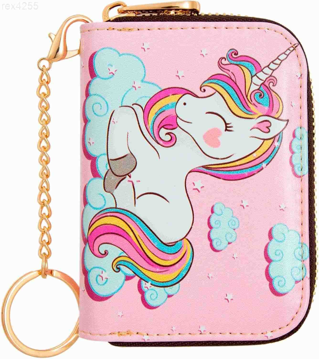 Credit Card Holder RFID Blocking Wallet for Women Small Slim Leather Wallets with Keychain Zipper Business Cards Case Cute Unicorn PinkW250911