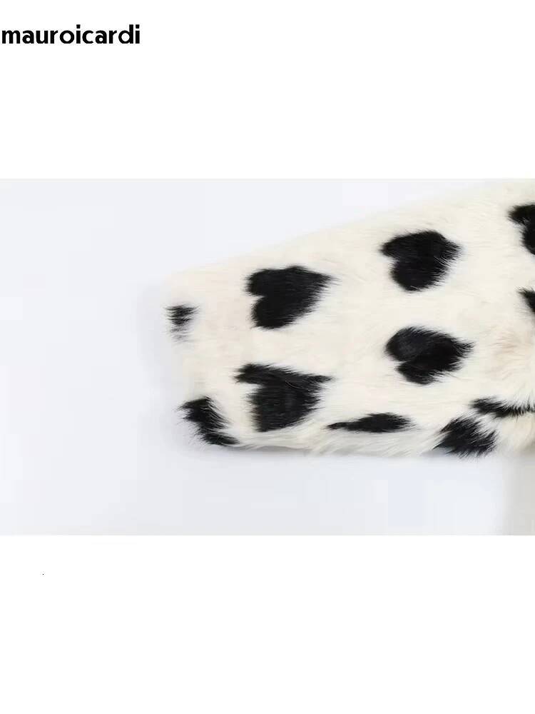 Mauroicardi Autumn Winter Extra Long Thick Warm Colorful Heart Printed Faux Fur Coat Women Sashes Stylish Furry Overcoat