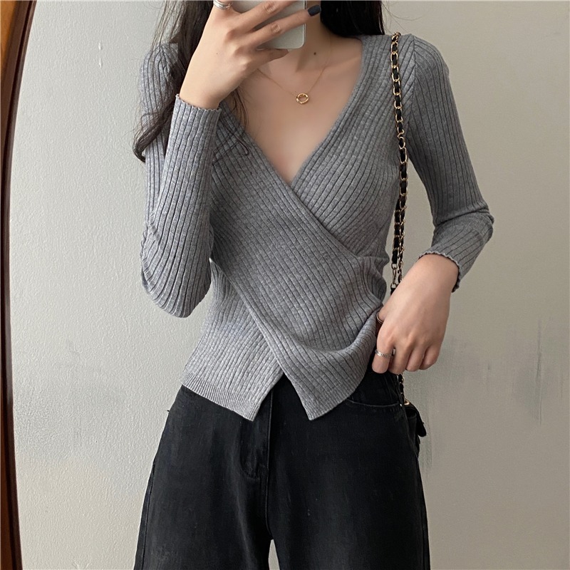 Winter Knitwear Tops Fashion Female Long Sleeve Skinny Elastic Casual V-neck Knitted Shirts Women Pullover Sweaters