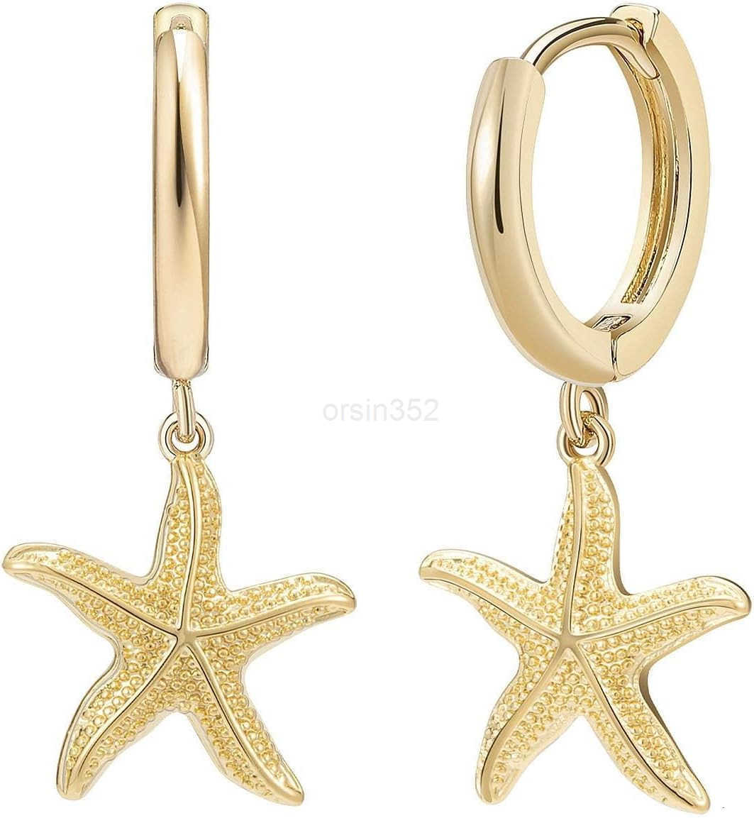 Huggie Earrings for Women 14K Gold Plated Beach Sea Drop Dangle Earrings Starfish Butterfly Moon Star Seashell Beachy JewelryW250911