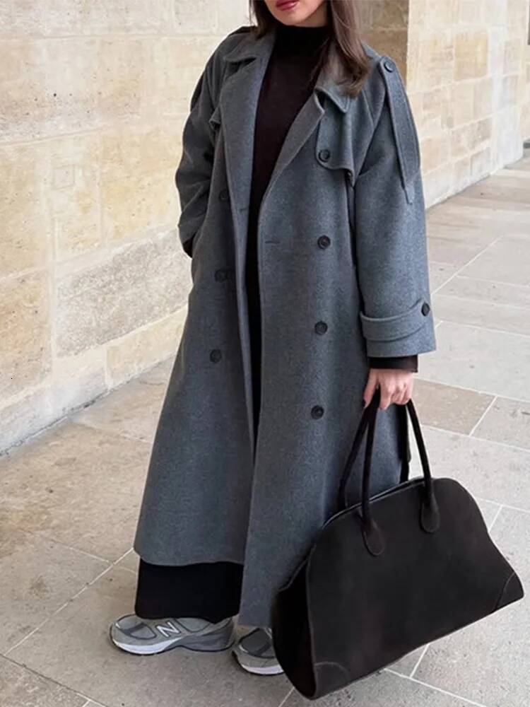Yitimuceng Elegant Solid Double Breasted Laced Up Coat for Women Long Sleeve Jackets 2025 New Autumn Winter Wool Coats