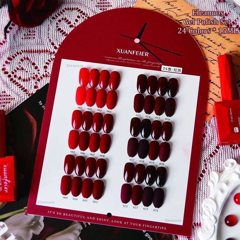 Eleanuos Phototherapy Polishing 24Pcs Varnish Gel Mixed Soak Wine Red Lasting Shiny Primer Nail Art Winter Salon Kit