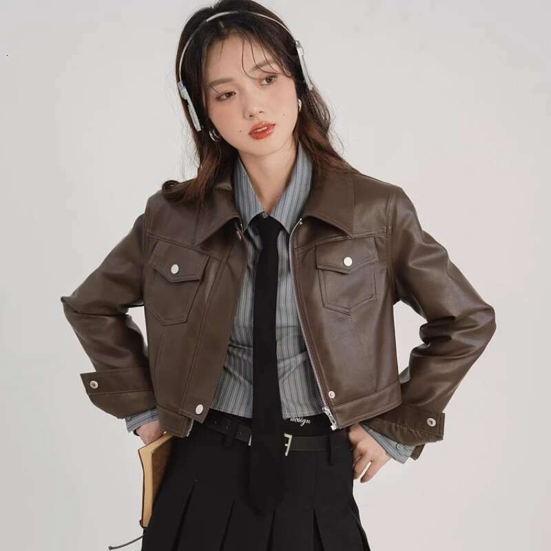American Vintage Sweet Hot Girl Style Coffee Color Women's Leather Autumn New Design Sense Short Motorcycle Jacket Top