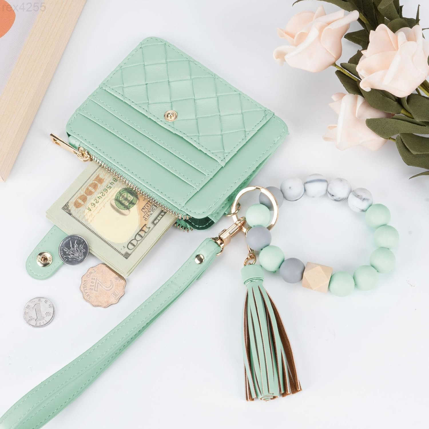 Keychain Wallet with Bracelet RFID Blocking Wristlet Credit Purse Card Holder Silicone Bead Tassel Key Ring for WomenW250911