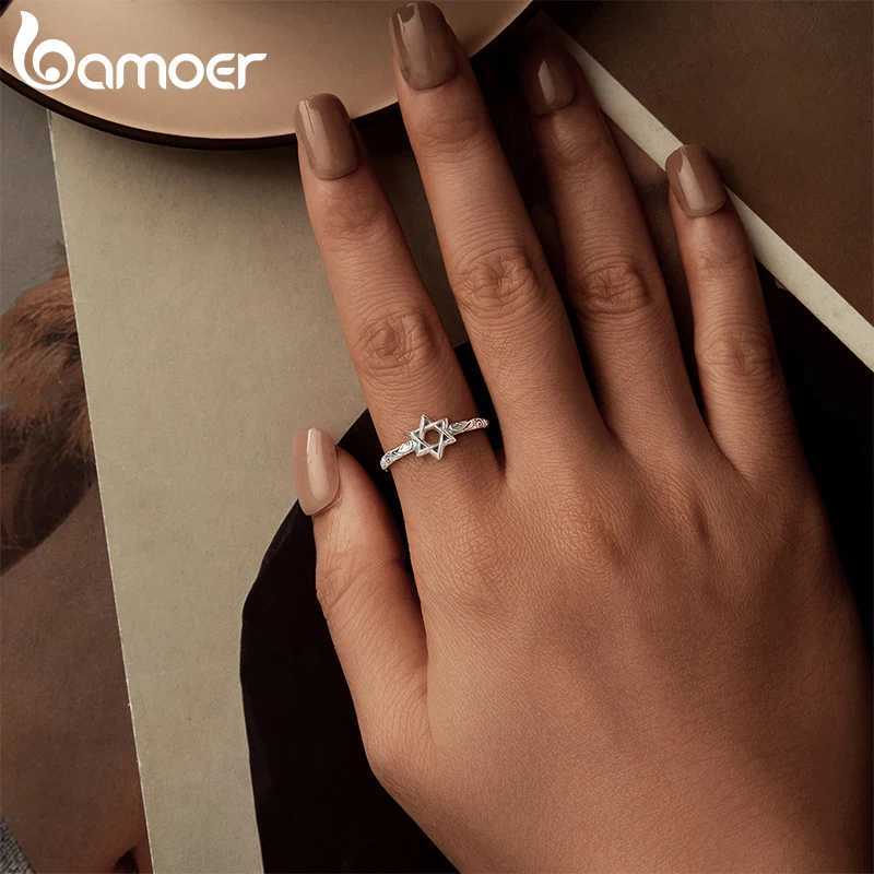 BAMOER 925 Sterling Silver Star of David Adjustable Ring Religous Retro Pattern Jewelry Christmas Birthday Gift for Women W250911